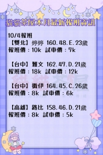 10/4報班 【雙北】婷婷 160.48.E.23歲 報班價：10k 試車價：7k 介